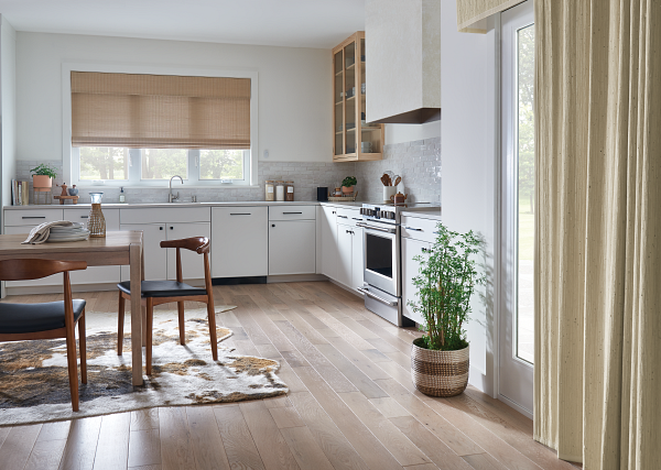Natural blinds and a casual white kitchen
